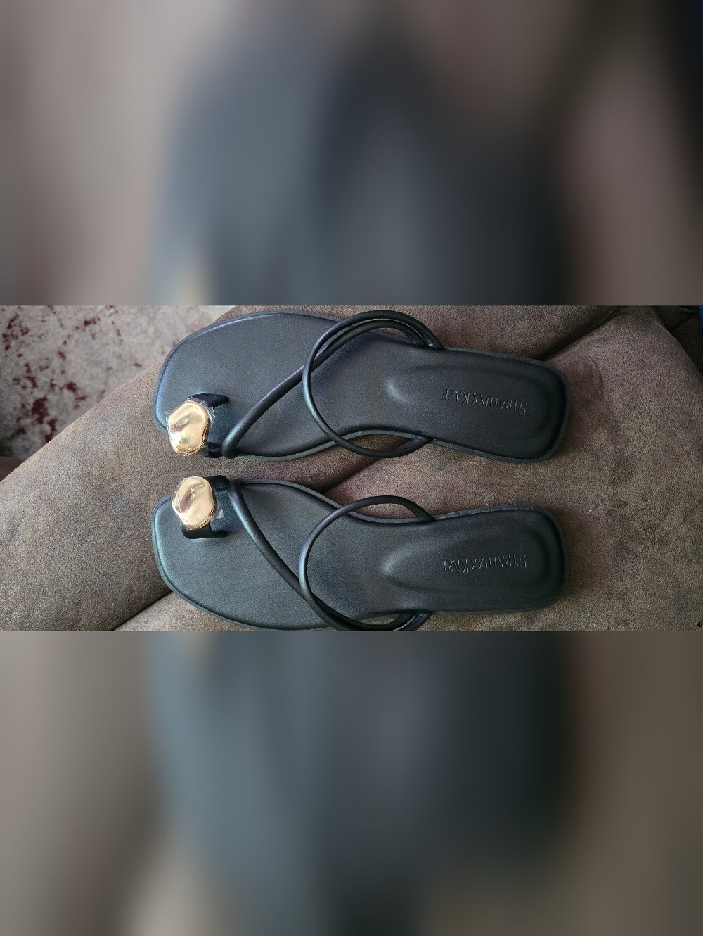 Black Sandal Thong Slides with Gold Accents